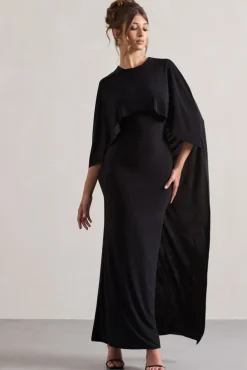 Palena | Black Draped Maxi Dress With Cape Sleeves