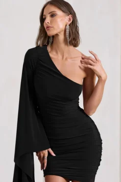 Palmer | Black Ruched One-Shoulder Asymmetric Mini Dress With Cape Sleeve
