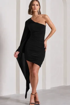 Palmer | Black Ruched One-Shoulder Asymmetric Mini Dress With Cape Sleeve