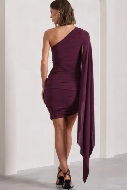 Palmer | Burgundy Ruched One-Shoulder Asymmetric Mini Dress With Cape Sleeve
