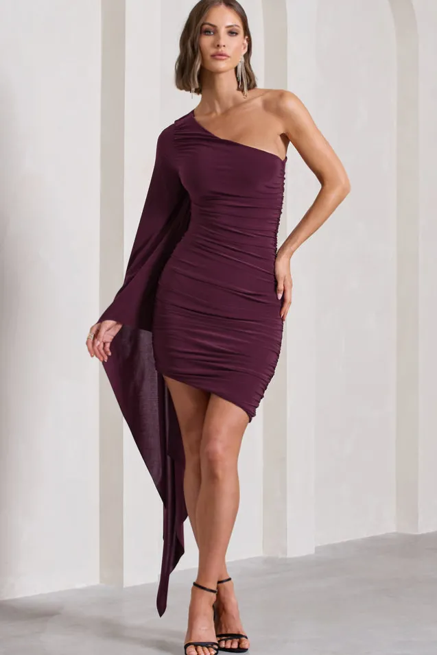 Palmer | Burgundy Ruched One-Shoulder Asymmetric Mini Dress With Cape Sleeve
