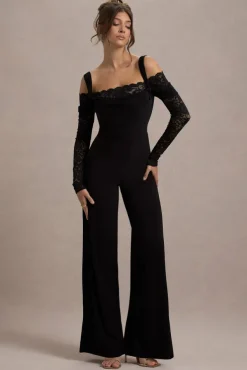 Palmira | Black Wide-Leg Jumpsuit With Lace Sleeves