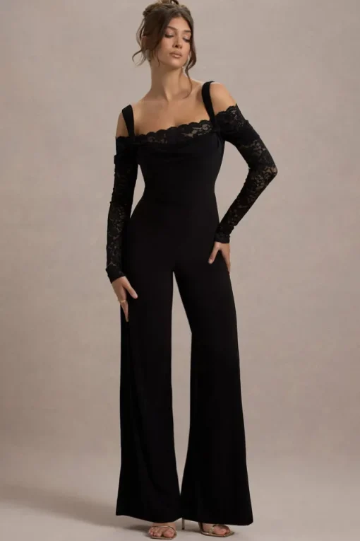 Palmira | Black Wide-Leg Jumpsuit With Lace Sleeves