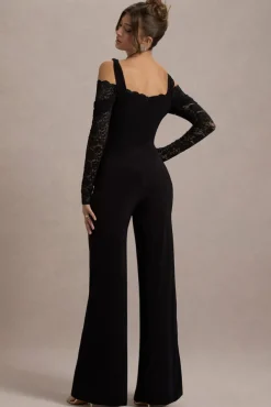 Palmira | Black Wide-Leg Jumpsuit With Lace Sleeves