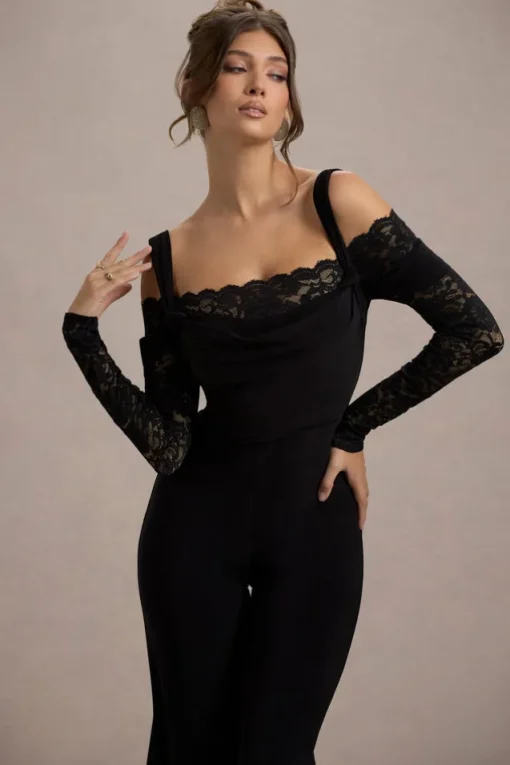 Palmira | Black Wide-Leg Jumpsuit With Lace Sleeves