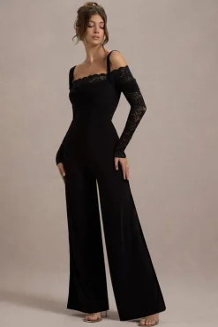 Palmira | Black Wide-Leg Jumpsuit With Lace Sleeves