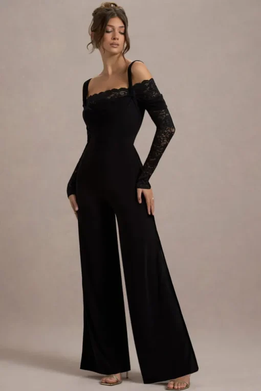 Palmira | Black Wide-Leg Jumpsuit With Lace Sleeves