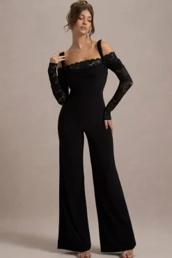 Palmira | Black Wide-Leg Jumpsuit With Lace Sleeves