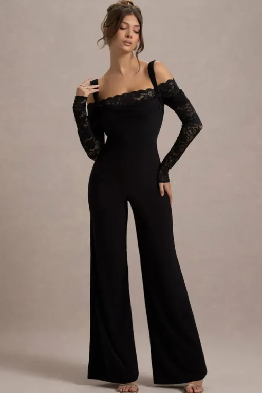 Palmira | Black Wide-Leg Jumpsuit With Lace Sleeves