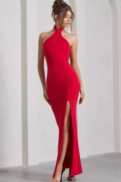 Pamela | Red Halter-Neck Sleeveless Split Maxi Dress