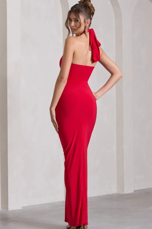 Pamela | Red Halter-Neck Sleeveless Split Maxi Dress