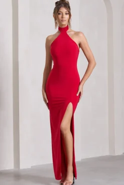 Pamela | Red Halter-Neck Sleeveless Split Maxi Dress