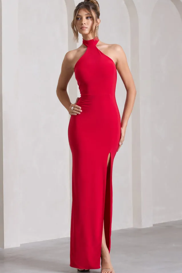 Pamela | Red Halter-Neck Sleeveless Split Maxi Dress