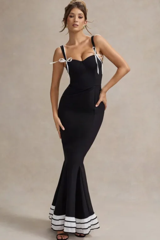 Paolina | Black Corset Fishtail Maxi Dress