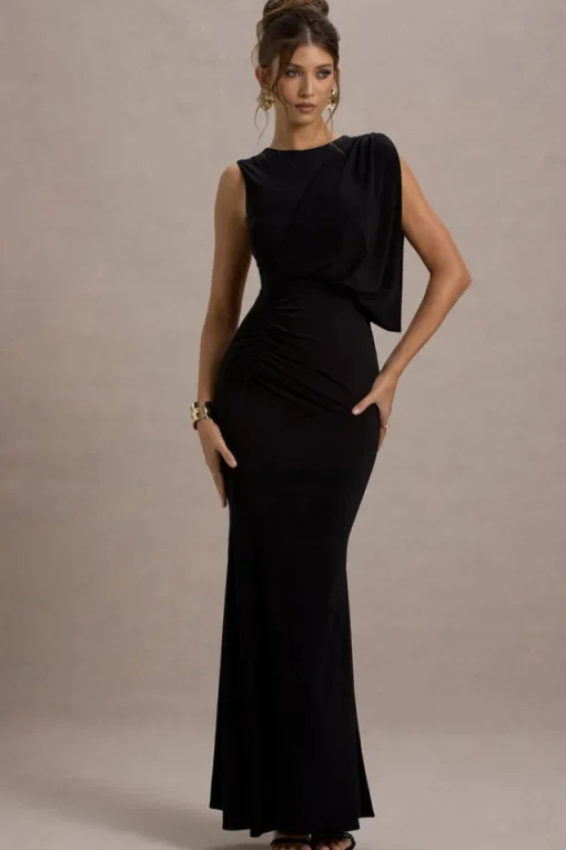 Paphos | Black Draped Sleeveless Maxi Dress