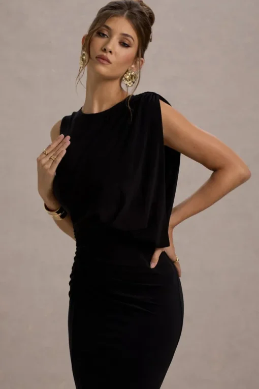 Paphos | Black Draped Sleeveless Maxi Dress