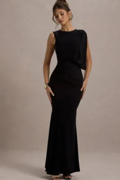 Paphos | Black Draped Sleeveless Maxi Dress