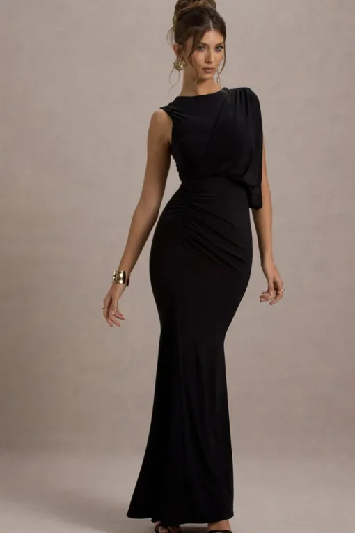 Paphos | Black Draped Sleeveless Maxi Dress