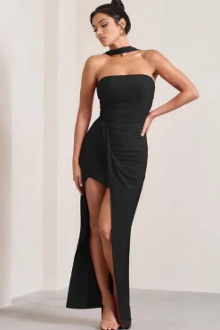 Paprika | Black Ruched Halter-Neck Bandeau Maxi Dress