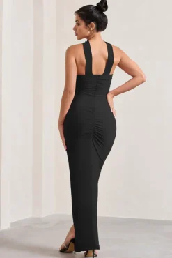 Paprika | Black Ruched Halter-Neck Bandeau Maxi Dress