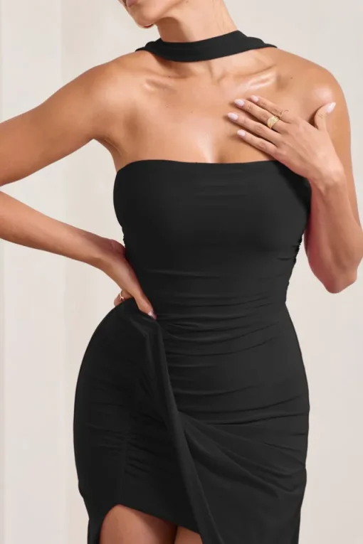 Paprika | Black Ruched Halter-Neck Bandeau Maxi Dress