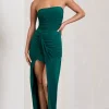 Paprika | Bottle Green Ruched Halter-Neck Bandeau Maxi Dress