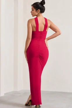 Paprika | Red Ruched Halter-Neck Bandeau Maxi Dress