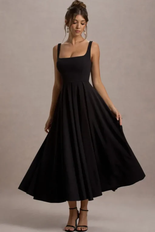 Parina | Black Strappy Volume-Hem Maxi Dress