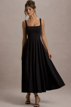 Parina | Black Strappy Volume-Hem Maxi Dress