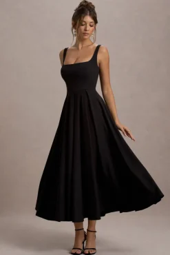 Parina | Black Strappy Volume-Hem Maxi Dress