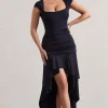 Parisa | Navy Ruched Short-Sleeve High-Low Maxi Dress