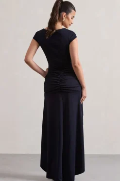 Parisa | Navy Ruched Short-Sleeve High-Low Maxi Dress