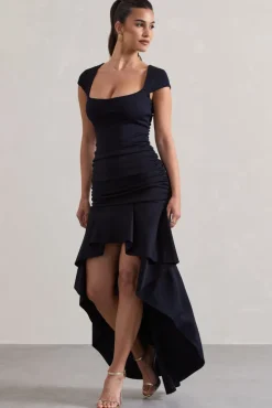 Parisa | Navy Ruched Short-Sleeve High-Low Maxi Dress