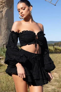 Parla Anglaise | Black Lace Eyelet Frilled Shorts With Drawstrings