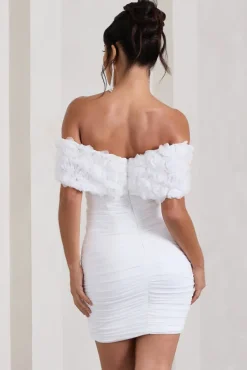 Pass A Glass | White Ruched Bardot Micro Mini Dress With Flowers