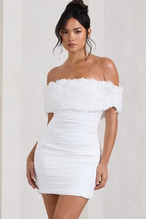 Pass A Glass | White Ruched Bardot Micro Mini Dress With Flowers