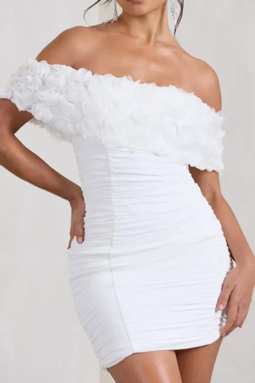 Pass A Glass | White Ruched Bardot Micro Mini Dress With Flowers
