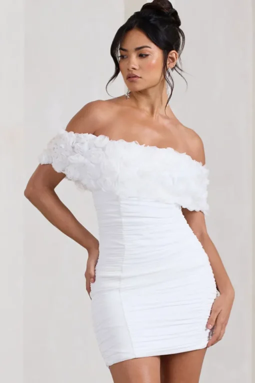 Pass A Glass | White Ruched Bardot Micro Mini Dress With Flowers