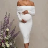 Patiently Waiting | White Maternity Ruched Mesh Bardot Midi Dress