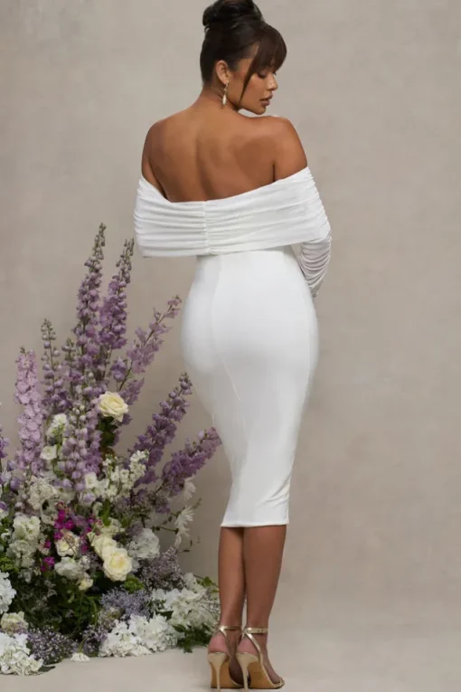Patiently Waiting | White Maternity Ruched Mesh Bardot Midi Dress