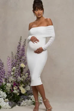 Patiently Waiting | White Maternity Ruched Mesh Bardot Midi Dress