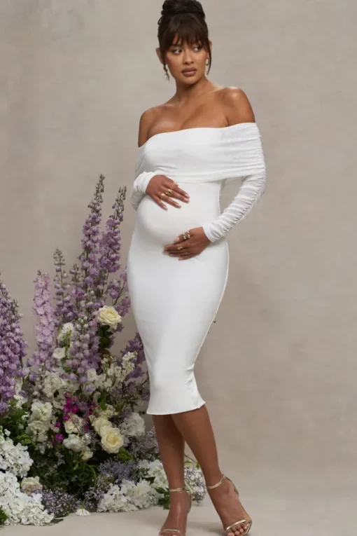 Patiently Waiting | White Maternity Ruched Mesh Bardot Midi Dress
