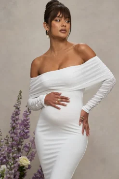 Patiently Waiting | White Maternity Ruched Mesh Bardot Midi Dress