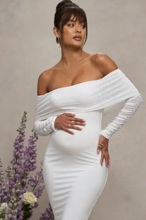 Patiently Waiting | White Maternity Ruched Mesh Bardot Midi Dress