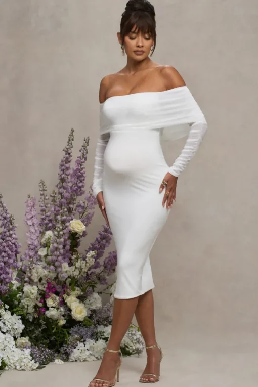 Patiently Waiting | White Maternity Ruched Mesh Bardot Midi Dress