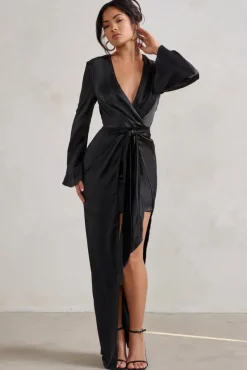 Patricia | Black Extreme Plunge Long Sleeve Maxi Dress With Tie Detail