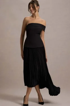 Pauline | Black Bardot Tailored Maxi Dress With Plisse Skirt