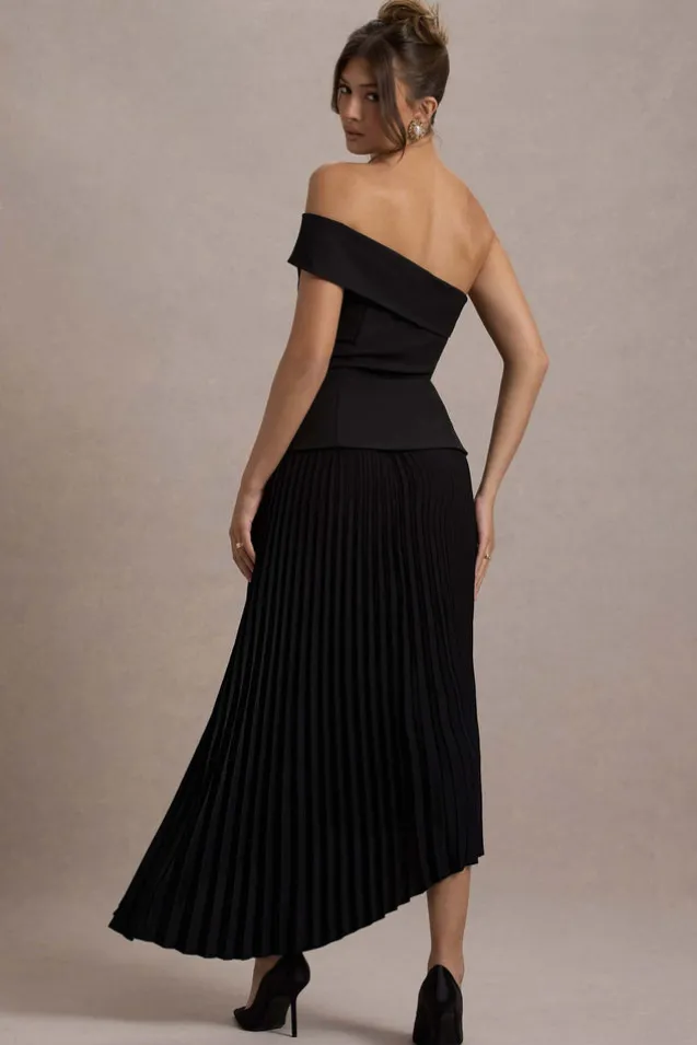 Pauline | Black Bardot Tailored Maxi Dress With Plisse Skirt