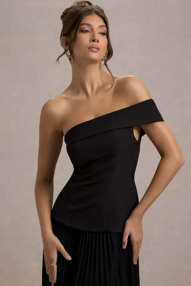 Pauline | Black Bardot Tailored Maxi Dress With Plisse Skirt