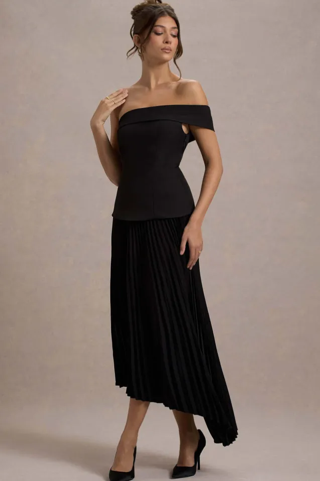 Pauline | Black Bardot Tailored Maxi Dress With Plisse Skirt